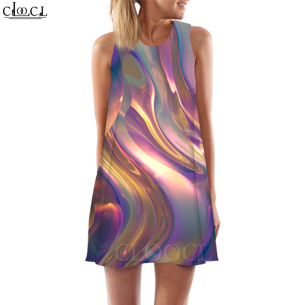 CLOOCL Tank Dress Trendy Rainbow Color Abstract Pattern Printed Dress Crew Neck Summer Beach Sleeveless Short Dresses