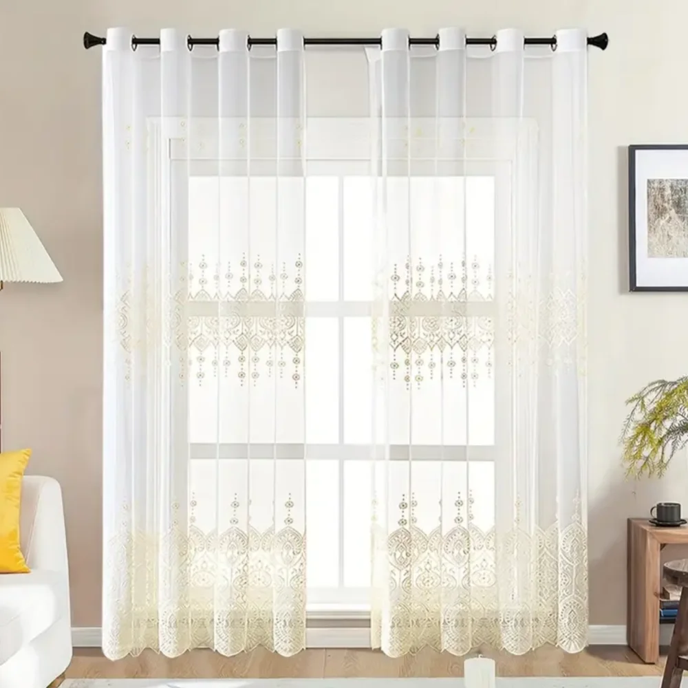 Rideau transparent brodé de style européen élégant, pare-soleil de balcon d'isolation thermique, traitement de perçage de trous personnalisable