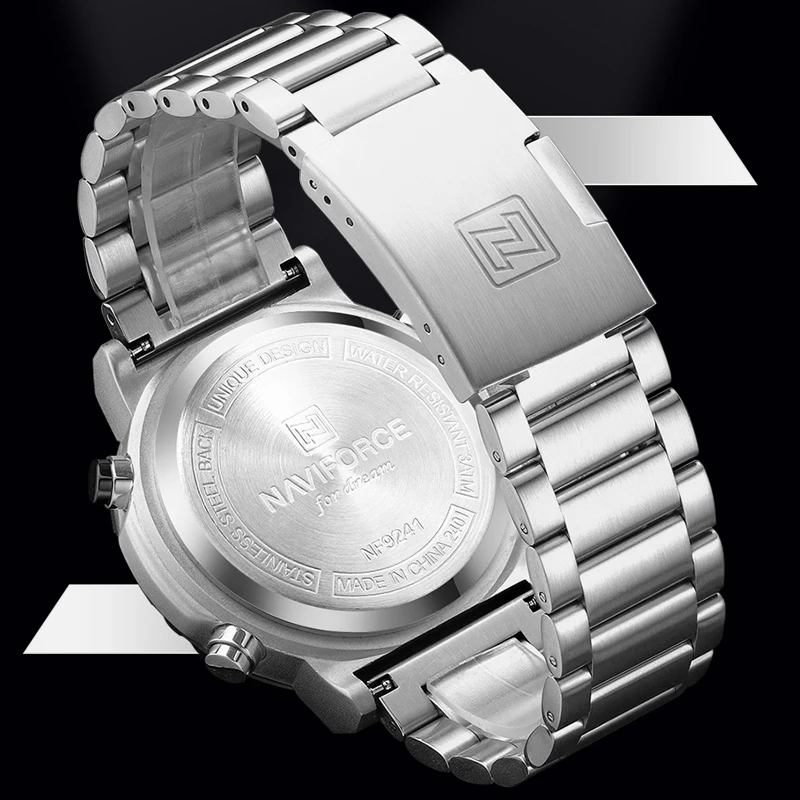 นาฬิกาข้อมือดิจิตอล NAVIFORCE สำหรับผู้ชาย ดีไซน์หรูหรา พร้อมไฟ LED แสดงผลในเวลากลางคืน กันน้ำ 3ATM สายสแตนเลสสตีล นาฬิกาสำหรับผู้ชาย