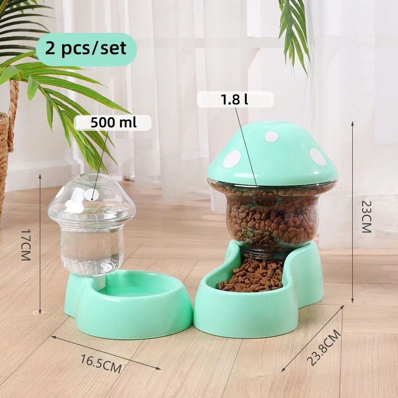 2pcs Cat Food Bowl Set Automatic Feeders and Water Dispenser Cute Mushroom Shape Feeding Bowl Water Bottle for Cats Small Dogs