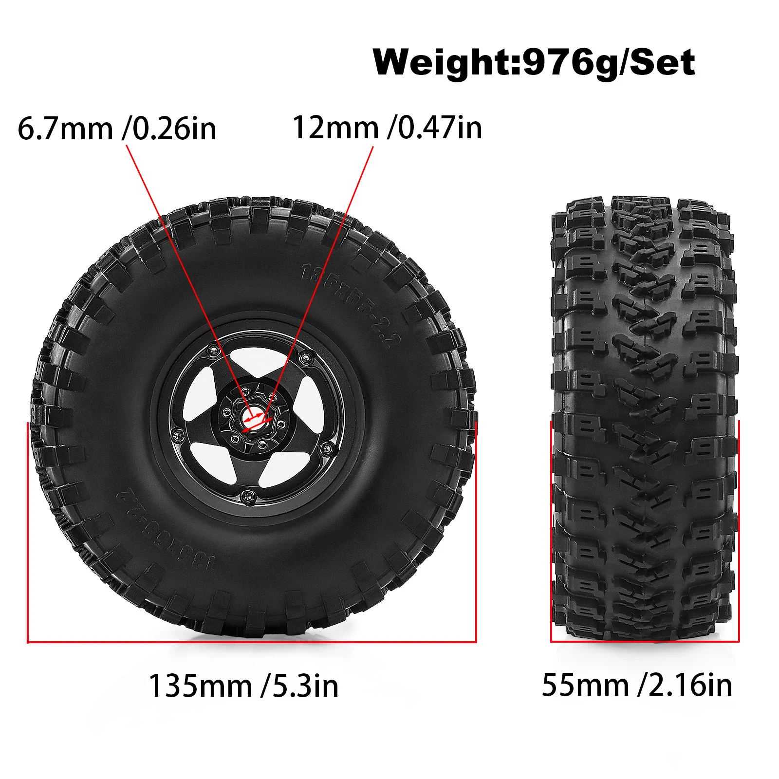 4pcs 135*55mm Mud Terrain Tires & Metal Beadlock Wheel Rims Set for  RC Crawler Car Axial SCX10 TRX4 Wraith Capra YK4082 YK4083