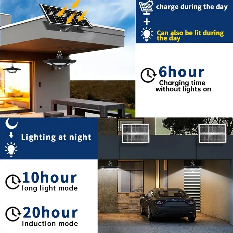 Solar-Schuppenleuchte, Solar-Pendelleuchte für drinnen und draußen, 228/180 LED, 1000 lm, 5 Modi mit Fernbedienung für Scheune, Pavillon, Garage