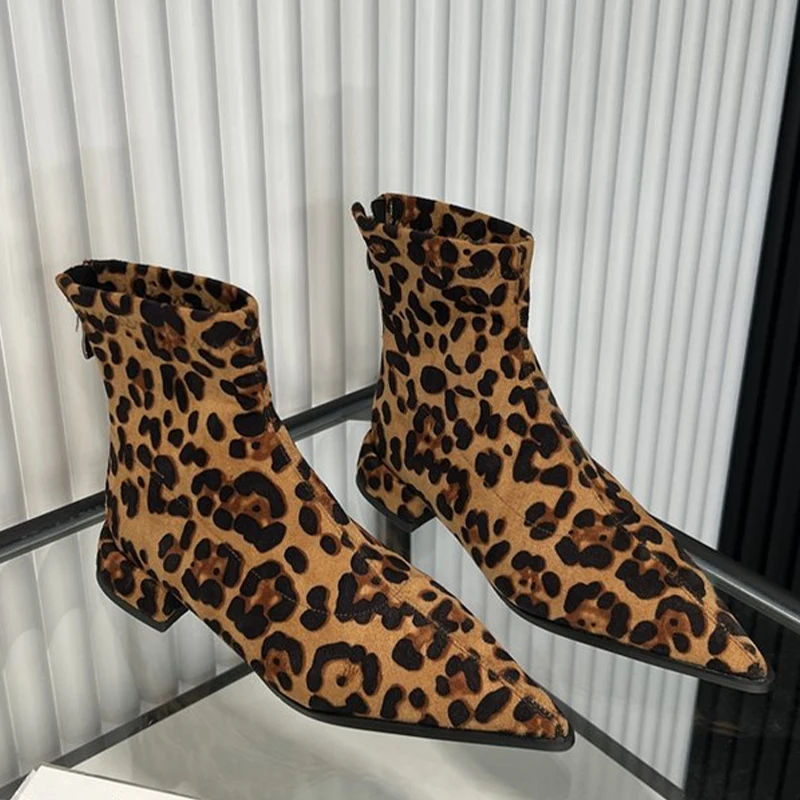 

Leopard Sexy Chelsea Boots Pointed Toe Ankle Chunky Shoes 2024 Designer Winter Gladiator Short Boots Low Heels New Women Zapatos