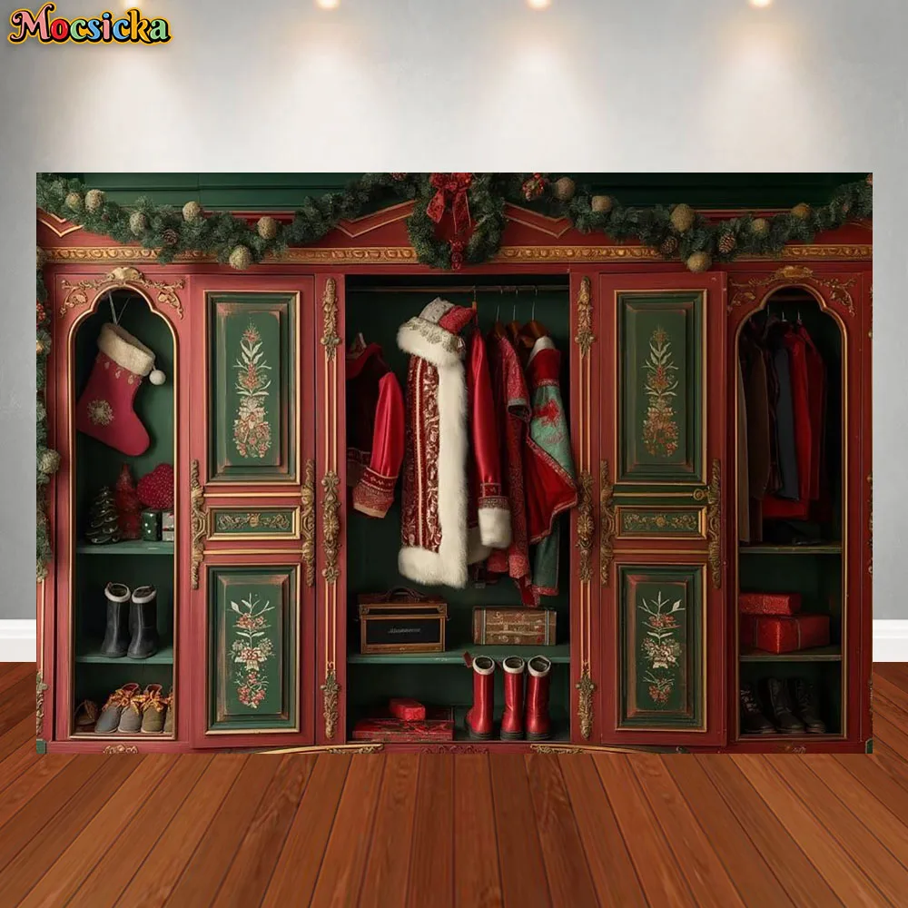 

Mocsicka Christmas Wardrobe Photography Background Santa Claus Clothes Party Decoration Supplies Kids Photo Portrait Backdrop