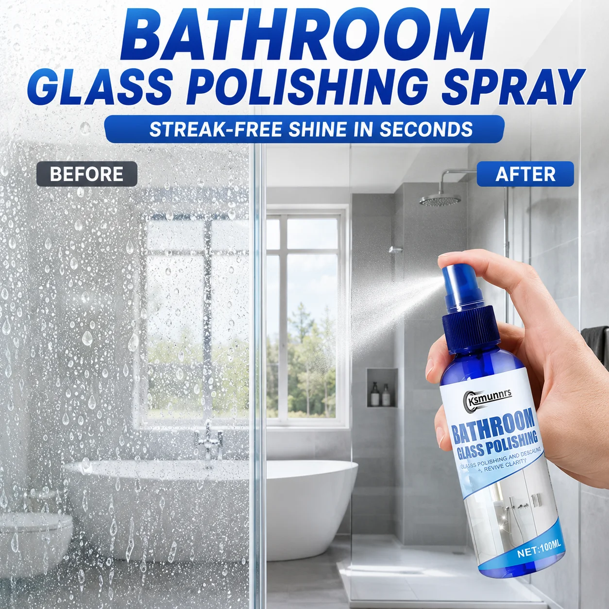 Multi-Purpose Bathroom Cleaner Spray, Glass and Metal Polish for Shower Doors, Mirrors, Sinks and Faucets