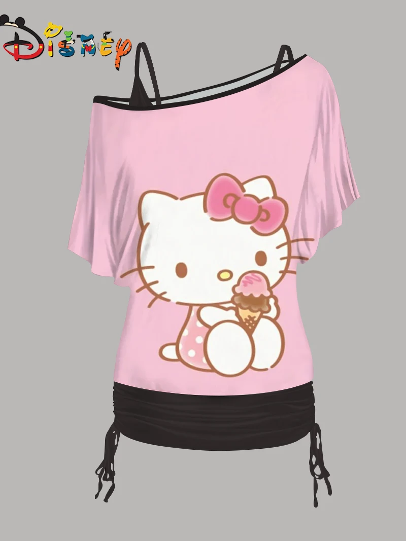 

Модные летние платья 2024, топы и платье Disney, мини-юбка Hello Kitty, комплекты для женщин, 2 предмета, женская одежда с рукавом на одно плечо