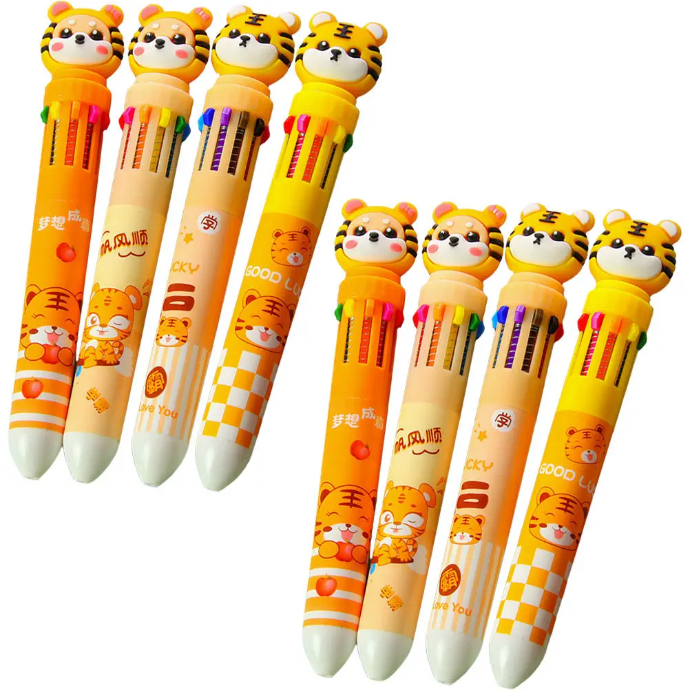 8Pcs Multicolor Ballpoint Pen Set High Grade Plastic Silicone Material Lovely Tiger Design Portable Lightweight School Office