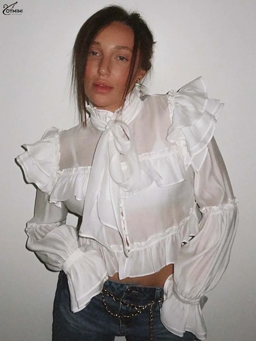 Oymimi Fashion White Ruffle Neck Women Shirts Elegant Cascading Ruffle Long Sleeve Lace-Up Shirt Casual Button Translucent Shirt