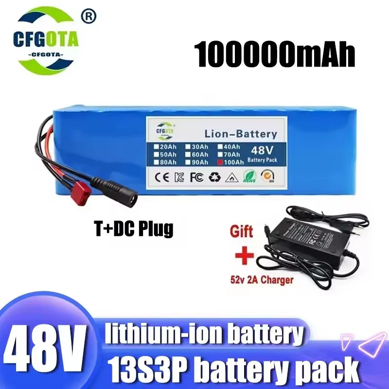 48V 100Ah 500W 750W 1000W 2000W 13S3P  T+DC lithium-ion battery pack, used for 48V motors, with BMS+54.6V charger