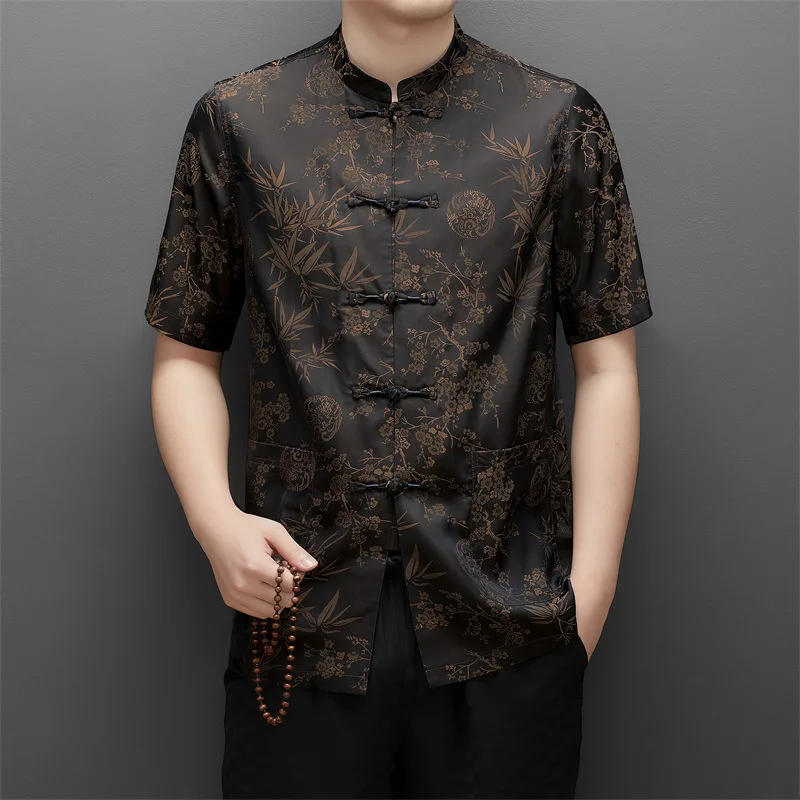 Summer Short Sleeved Tang Dynasty Top Satin Chinese Style Printed Shirt Men Loose Casual Vintage Button Coat Morning Exercise