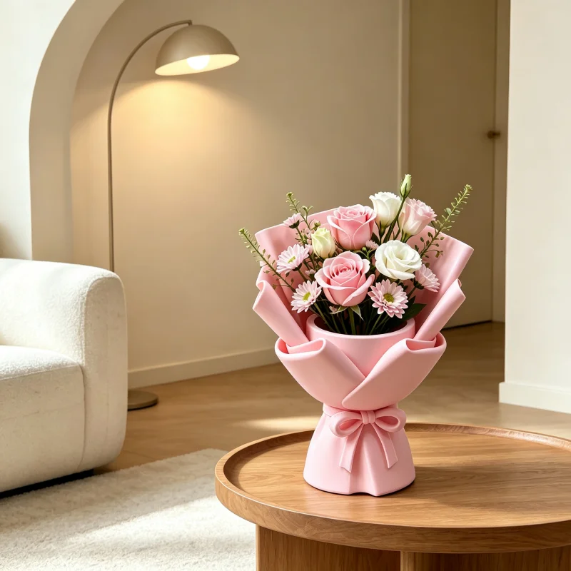 3D Printed Flower Bouquet Office Desktop Vase, Matte Pink Bow Creative Flower Arrangement, Compact Artistic Sculpture-Like Ornament, Durable Plastic with Matte Texture, Easy to Maintain, Office Desk Shelf Decoration, Fresh and Dried Flower Display, Workplace Desktop Decoration Item, Creative Small Gift for Female Colleagues on Mother's Day