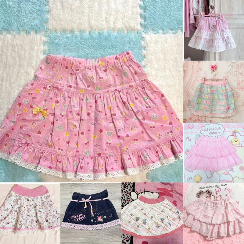 Japanese Sweet Pink Tiered Skirt Strawberry Bunny Print Y2k Retro Bow Lace Kawaii Harajuku Subculture Casual Bottoms Streetwear