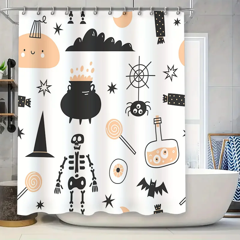 

Занавеска для душа в ванной комнате Хэллоуина с узорами черной шляпы ведьмы, бутылки конфет, звезды летучей мыши, скелет, дизайн паутины для