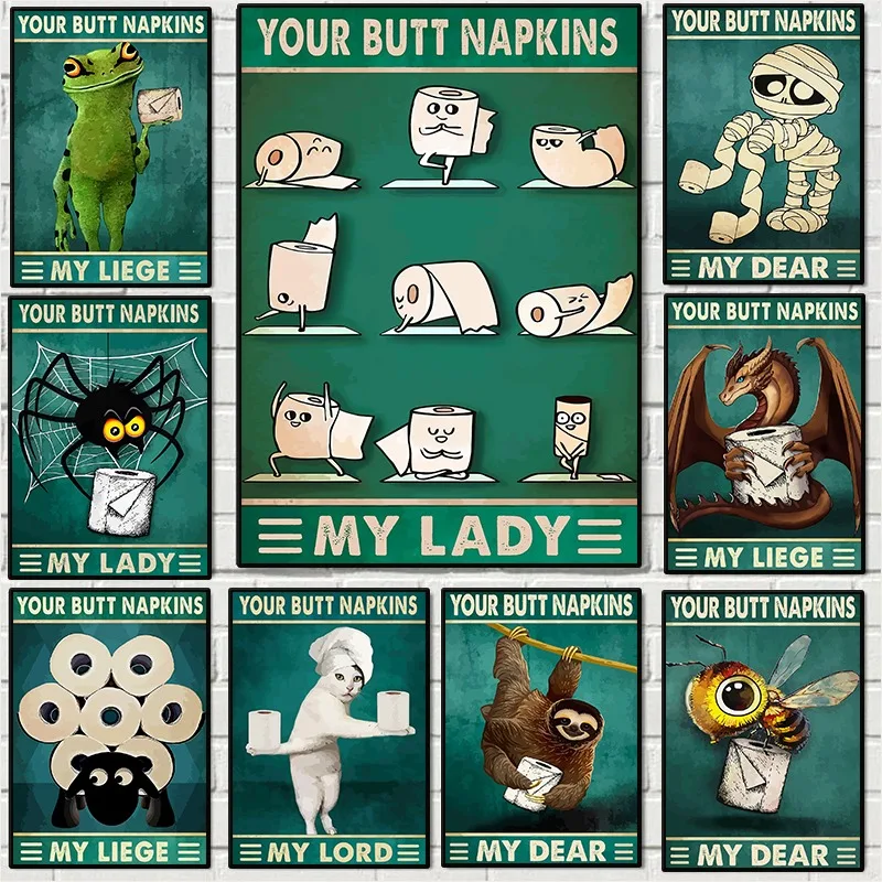 Vintage Funny Toilet Animals Holding Butt Napkins Poster Print Amusing Toilet Paper Canvas Painting Wall Art Bathroom Home De