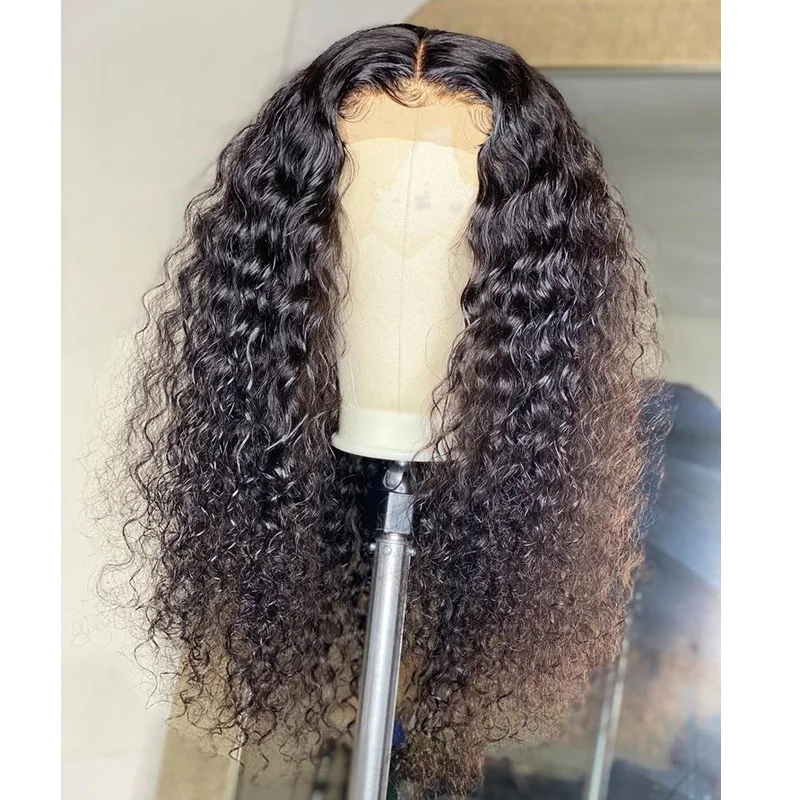 Peluca con malla frontal rizada para mujeres negras, pelo de bebé prearrancado, suave, largo, Natural, negro, 180 de densidad, 26 pulgadas