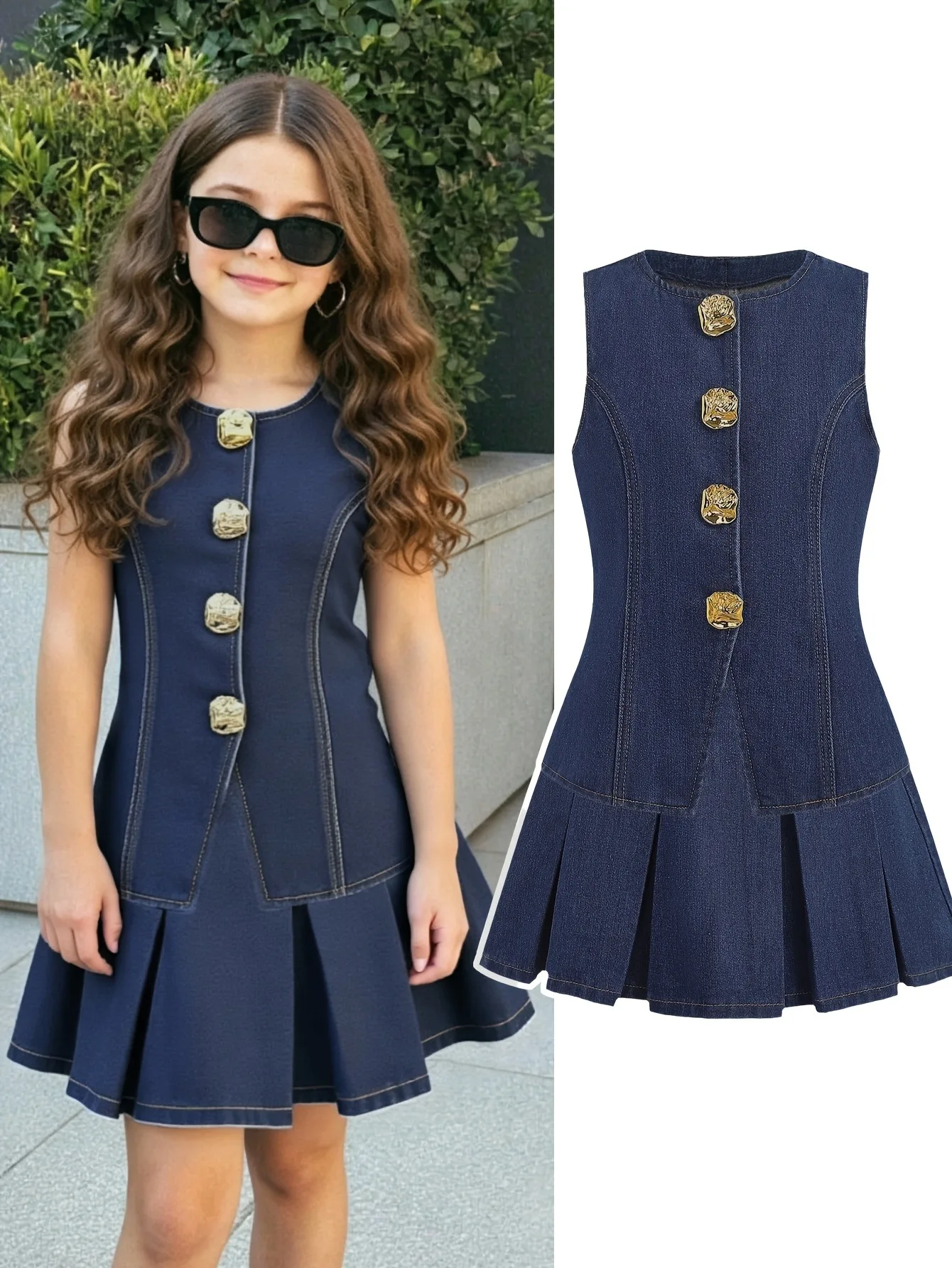 This Two-Piece Set for Girls Features a Fitted Top with Gold Button Details Paired with a Pleated Skirt, Suitable for School Ceremonies
