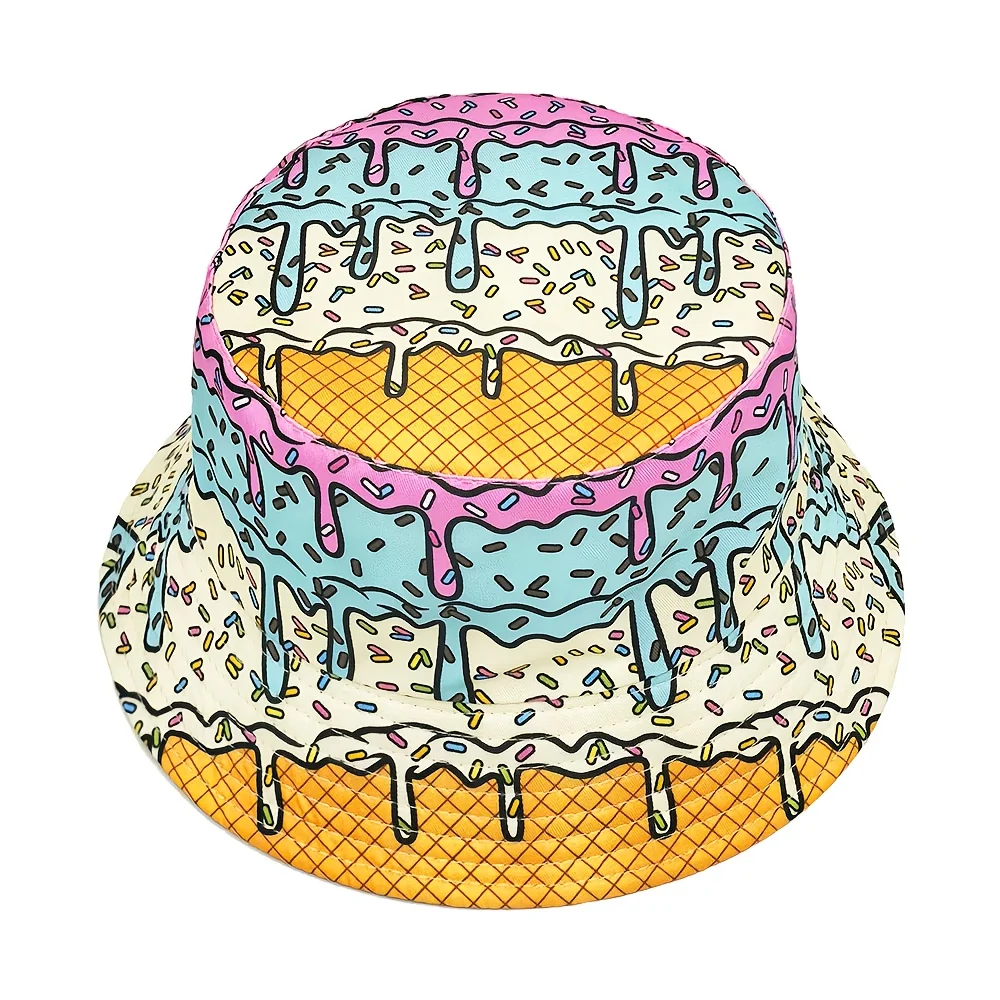 Colorful Ice Cream Drip Print Bucket Hat Fun Sprinkle Pattern Sun Hat for Men Women Summer Beach Outdoor UPF Protection Cap