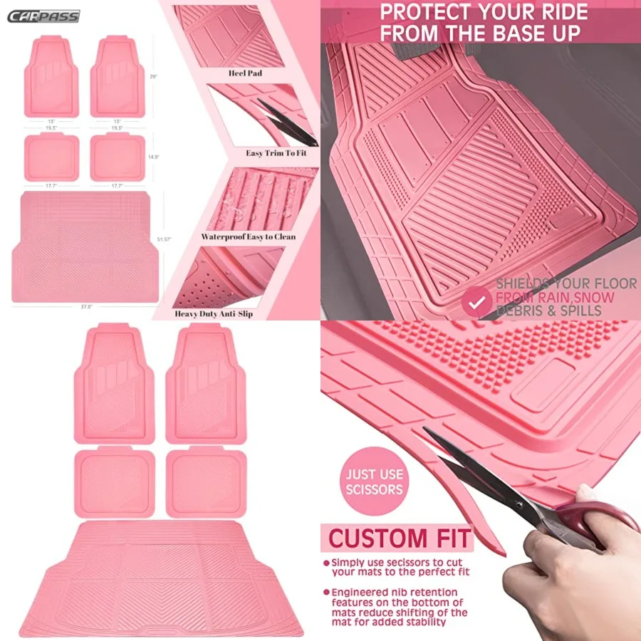 

Heavy Duty Rubber Floor Mats Pink Car Mats Full Set with Trunk Cargo Liner - Universal Waterproof Floor Mats for Car SUV Truck, Durable All Weather Liner Mats Automotive Women (All Pink)