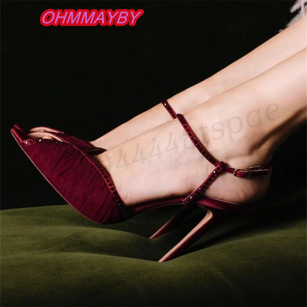 Burgundy Mesh Sandals for Women Open Toe Stiletto Heels Rhinestone Trim Cross Front Slingback Buckle Evening Wedding Party Shoes