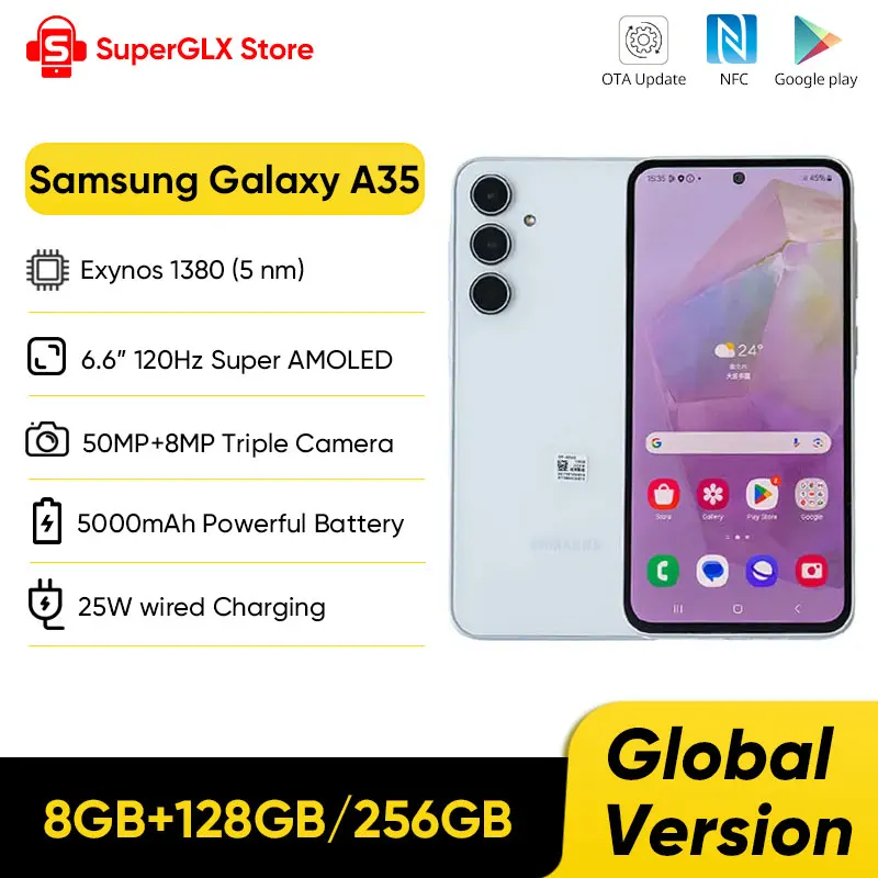 2024 New Samsung Galaxy A35 5G Smartphone 128GB/256GB Exynos 1380 Android 14 OS 6.6in 120Hz Super AMOLED Display 5000mAh Battery