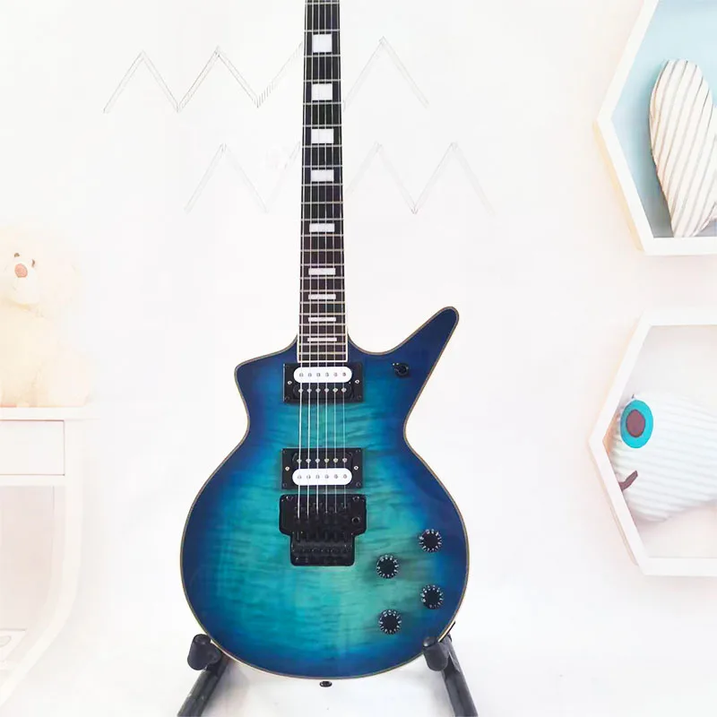 Blue Tiger Stripe Gradient Unique Shape Electric Guitar, Dual Humbucker Pickups, Double Locking Tremolo Bridge, Solid Wood Body, for Heavy Metal Rock Practice, Stage Performance, Holiday Gift