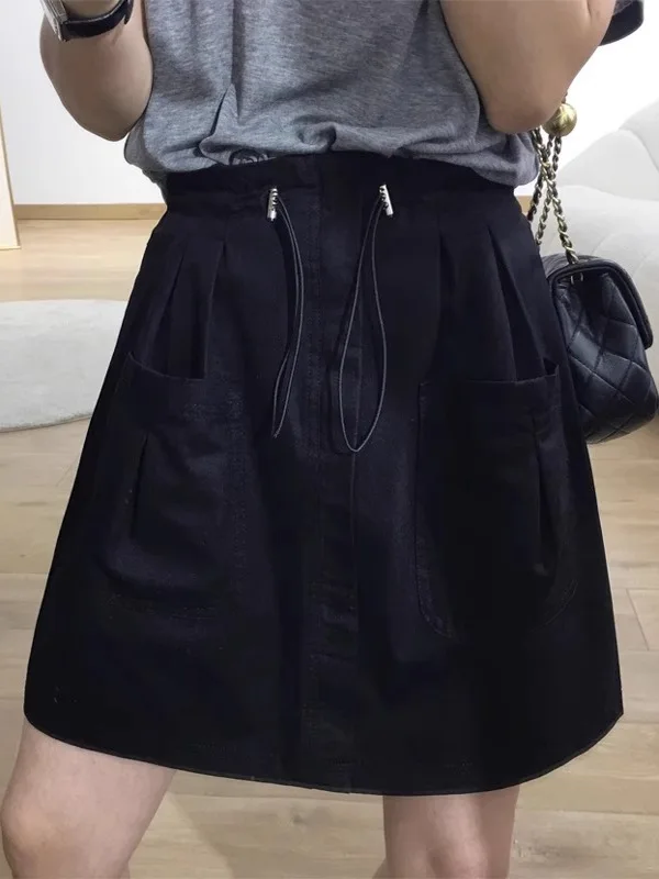 

Юбка-трапеция больших размеров для работы, черная, с завышенной талией, в корейском стиле, для офиса, из тонкого материала, свободного кроя, летняя новинка