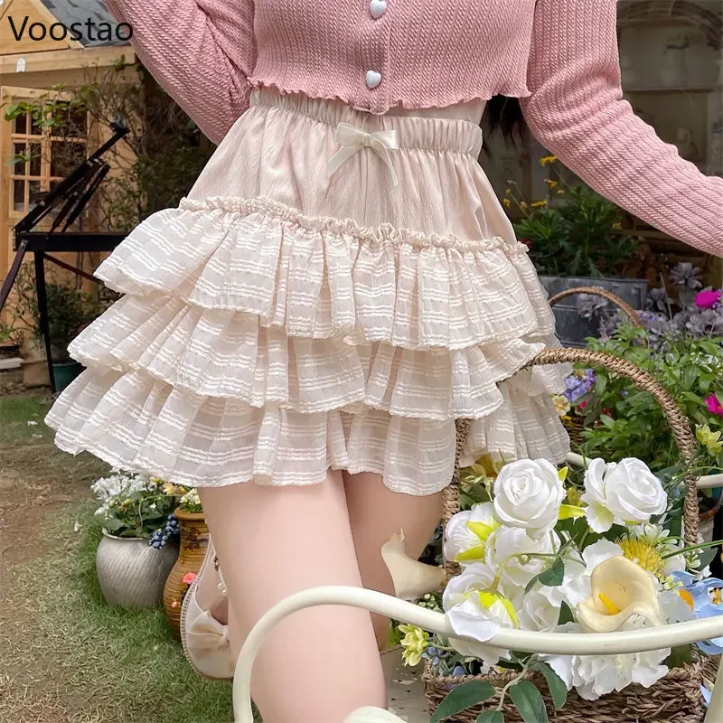 Japanese Kawaii Lolita Mini Skirt Women Summer Cute High Waist Bow Ruffles Tiered Skirts Girly Korean Fashion Princess Skirts XC