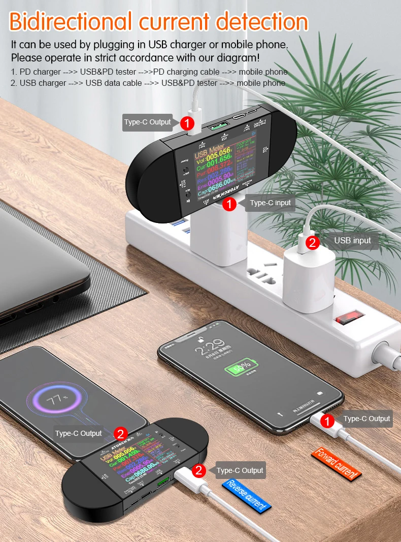 Imagem -04 - Testador Usb com Voltímetro Digital e Amperímetro para App Ud24 2.4 Dc5.5 Tipo-c Detector de Tensão Banco de Potência Volt qc pd Medidor Elétrico para App