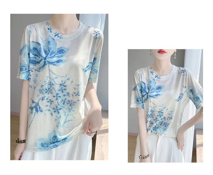 Summer New Women's Round Neck Printed Knitted Short-Sleeved Thin T-shirt Loose Bottoming Shirt