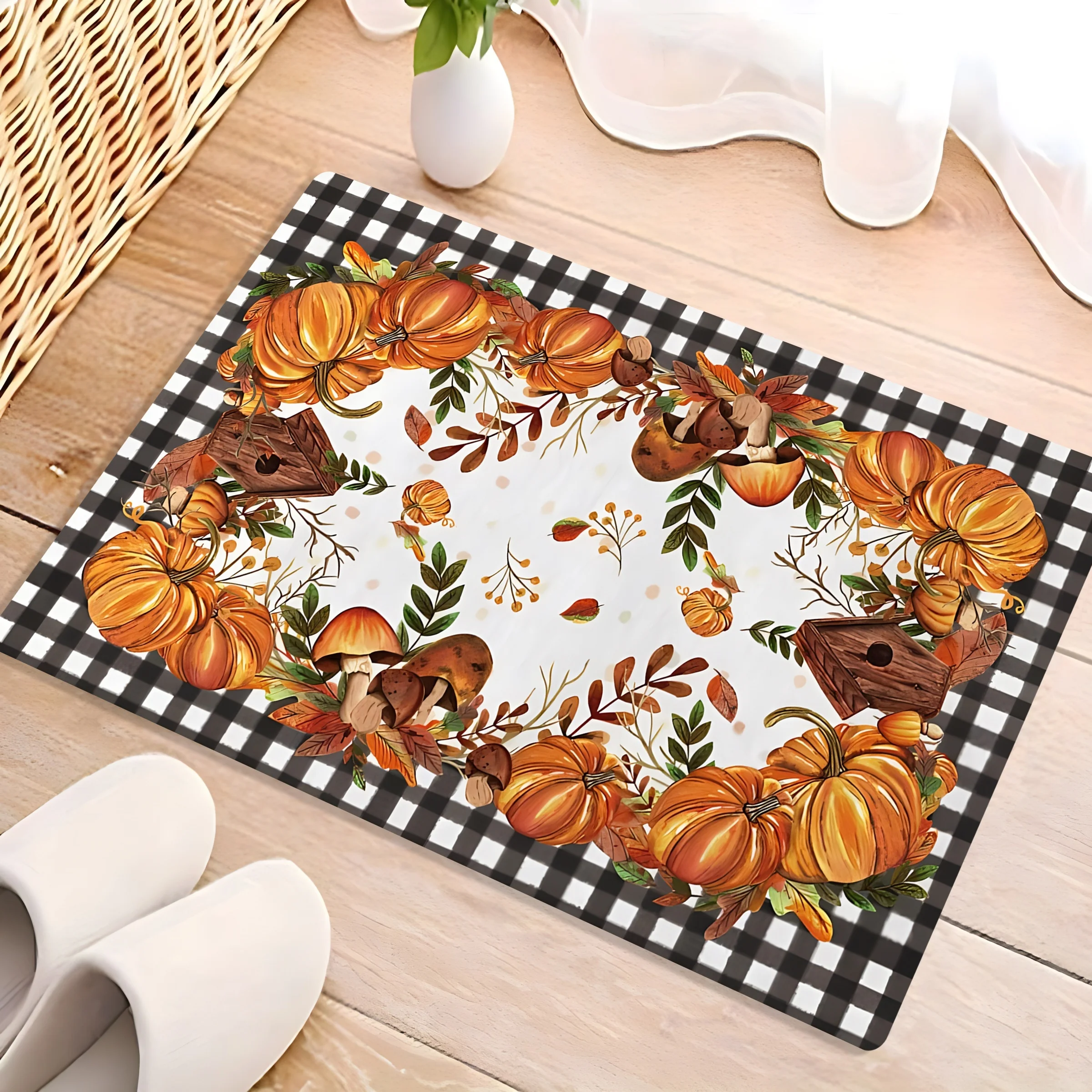 Fall Thanksgiving Pumpkin Doormat, Buffalo Plaid Maple Leaf Non Slip Rug, Washable Kitchen Living Room Carpet