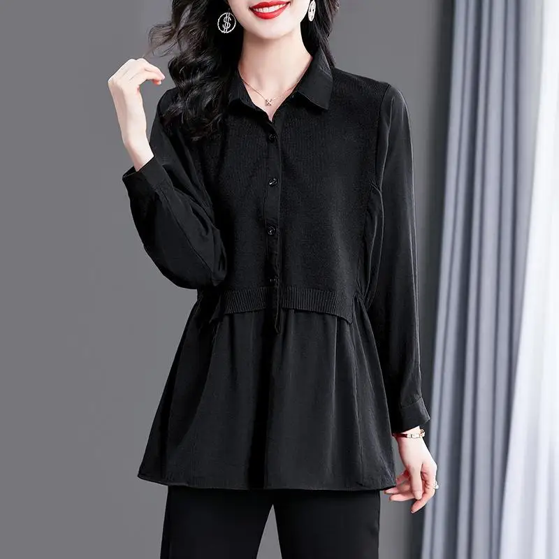 Casual Fashion Folds Button Oversized fałszywe dwie sztuki koszula odzież damska 2022 jesień nowe dojazdy topy luźna bluzka na wszystkie mecze