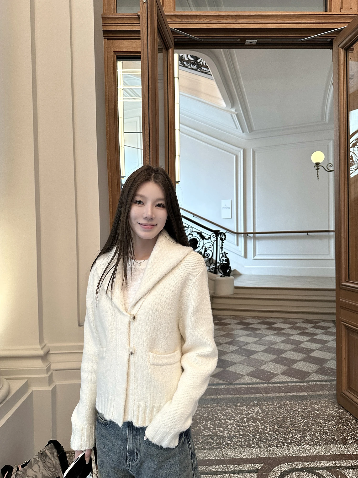 

Женский свободный вязаный кардиган Dibao Xi серии LP с воротником, осенне-зимний, белый, универсальный, с длинными рукавами, прямого кроя