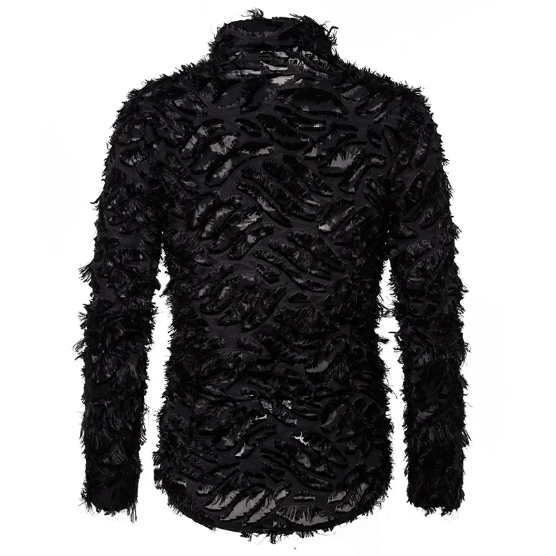 

Sexy Black Feather Lace Shirt Men 2023 Fashion See Through Clubwear Dress Shirts Mens Event Party Prom Transparent Chemise S-3XL