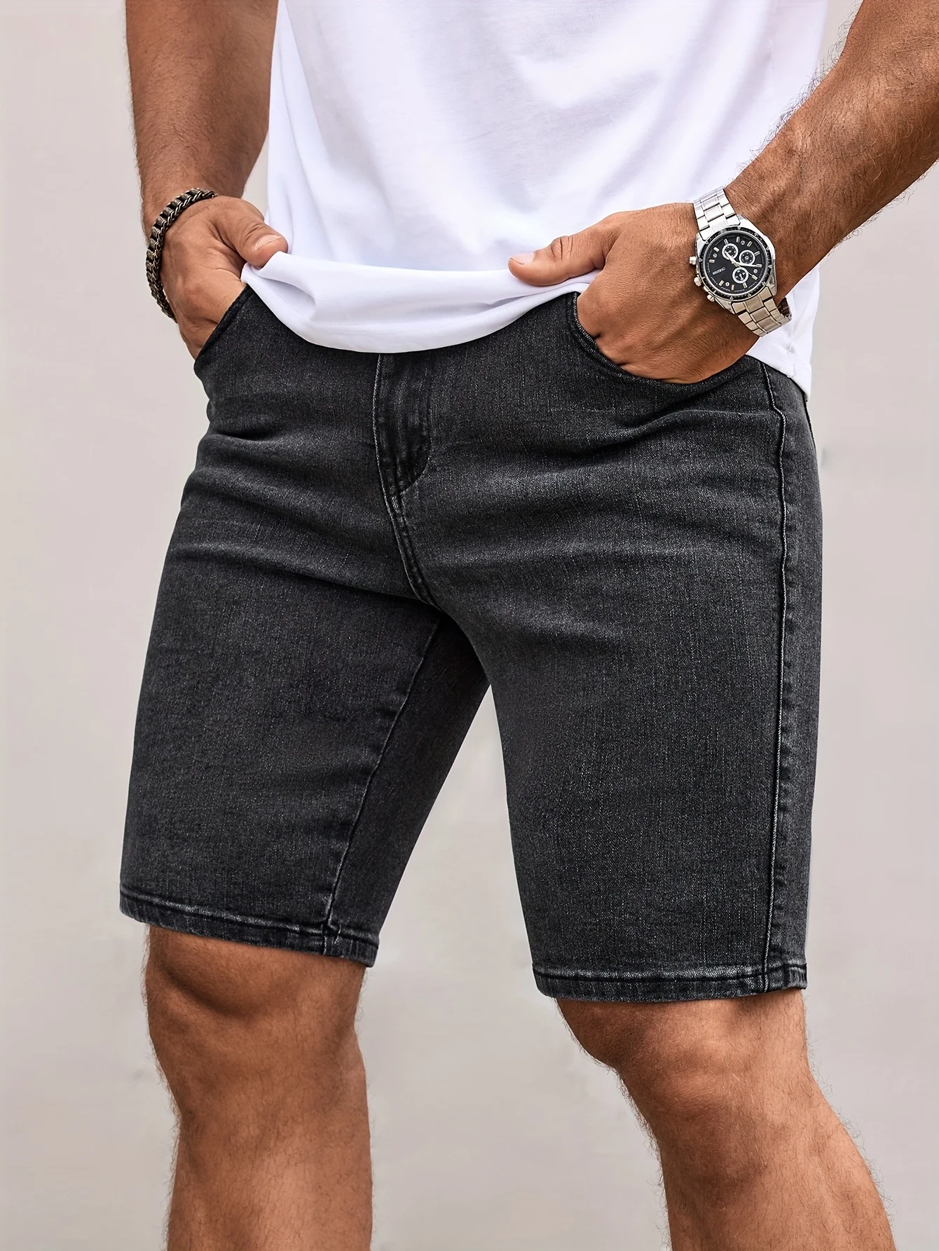 Men's Elastic Waist Drawstring Denim Shorts, Slim Fit Knee Length Jean Shorts, 75% Cotton Stretch Casual Short Jeans for Men