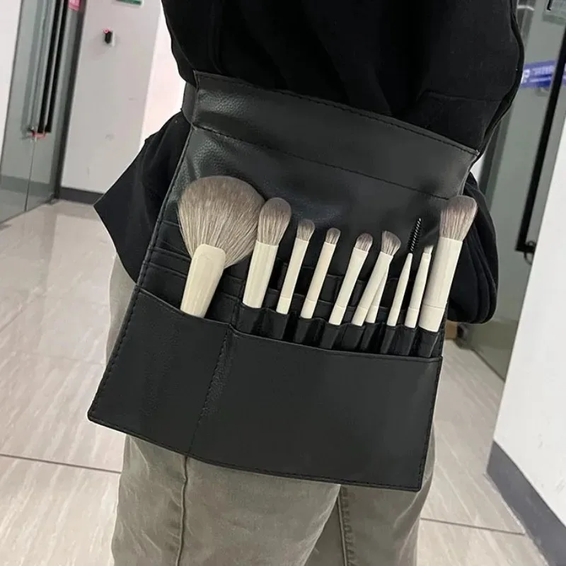 Portable Makeup Brush Waist Bag, PU Leather Foldable Cosmetic Brush Holder for Makeup Artists, Studio & Outdoor Shooting