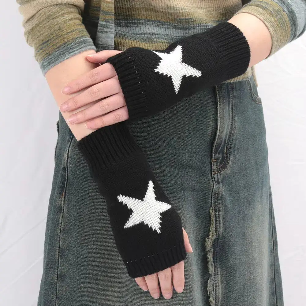 2024 Punk Y2K Star Knitted Woolen Gloves For Men Women Pentagram Half Finger Warm Soft Mitten Soft Star Hand Fingerless Gloves