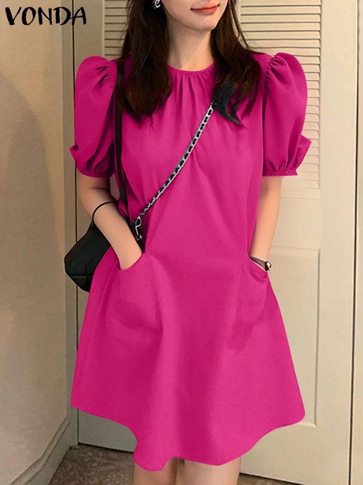 VONDA Women Party Dress Solid Color Casual Office Work Mini Sundress 2025 Summer Female O Neck Vestidos Oversized Loose Robe