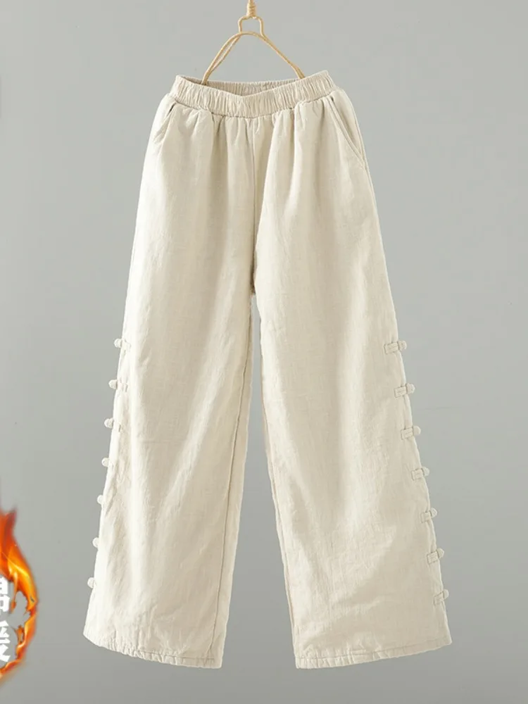 Thiened 리넨 코튼 팬츠 여성용 겨울 캐주얼 스트레이트 레그 따뜻한 스포츠웨어 아우터웨어 하이 웨이스트 롱 트라우저
