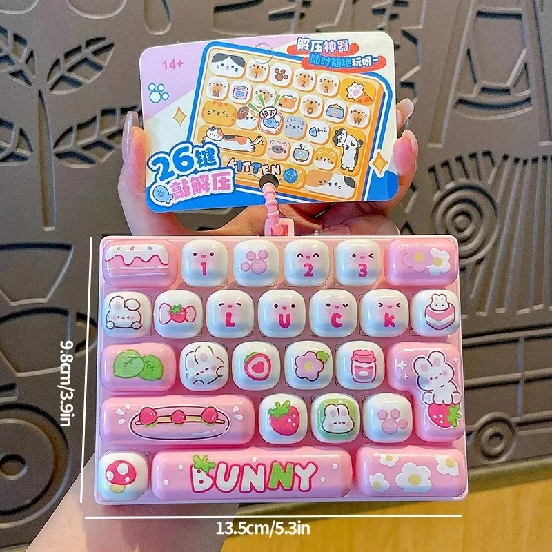 Clicker de teclado antiestrés de 26 teclas con llavero, colgante de dibujos animados para bolso, dijes de teclado, regalo para aliviar el estrés
