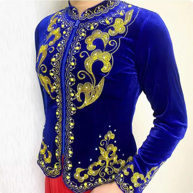 Fashionable Slim Fitting Elastic Ethnic Minority Dance Clothing, Men Golden Velvet Embroidered Diamond Top Long Sleeved Top
