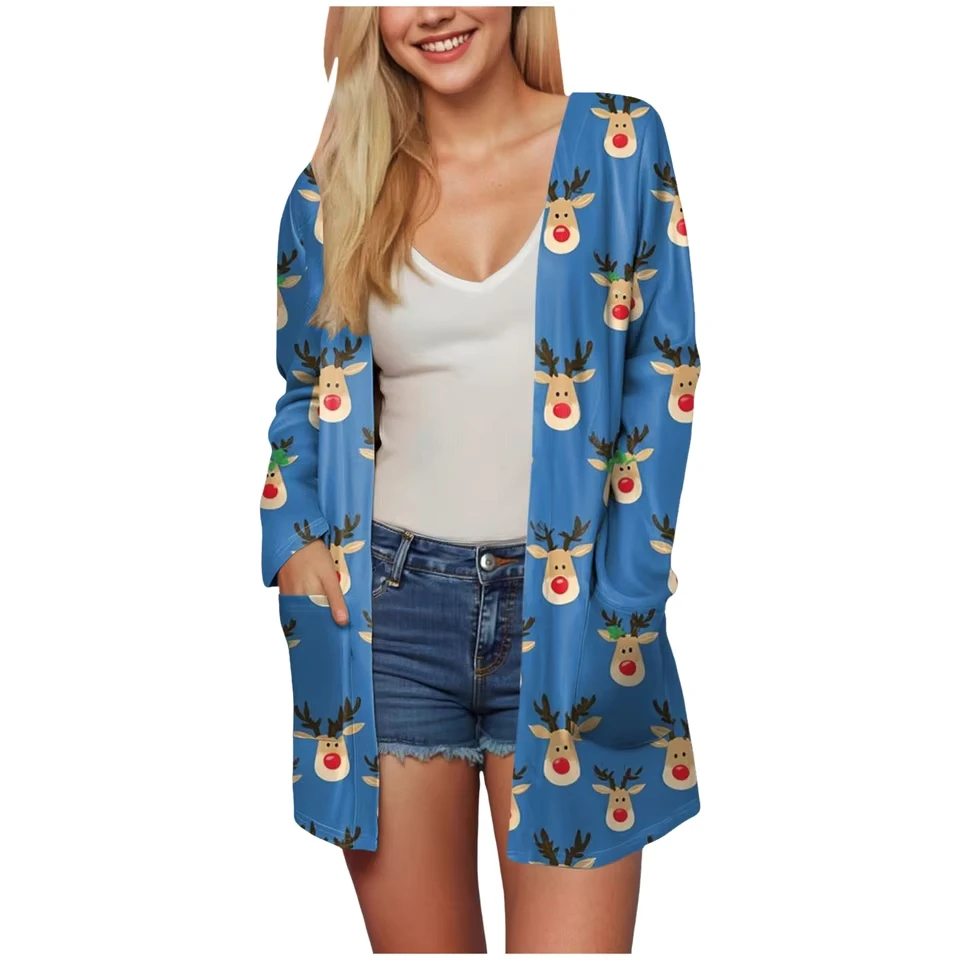 Women Christmas Funny Print Pocket Cardigan Long Sleeve Midi Length Casual Cardigan Comfortable Cotton Oversized
