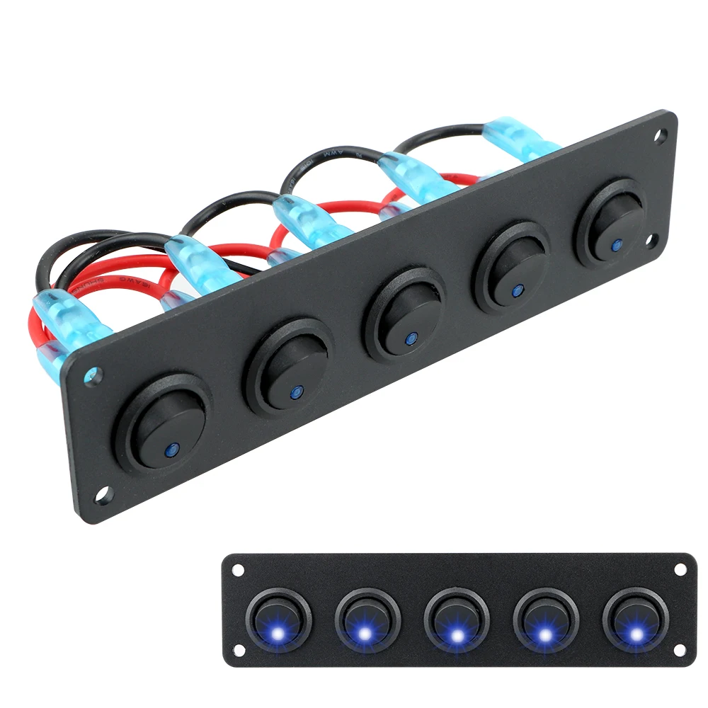 لوحة تبديل الروك المستديرة الأزرق LED مخرج مقاوم للماء 5 عصابة 12-24 فولت ل RV قارب يخت MarineCar البحرية
