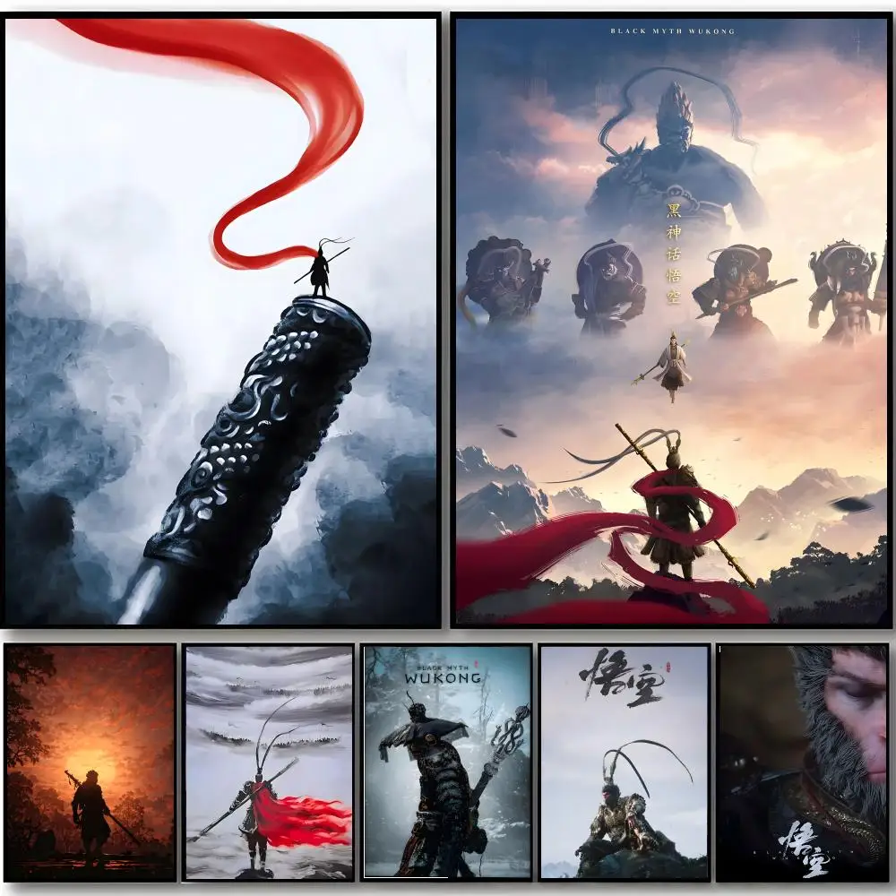 Black Myth Wukongs Poster Self-adhesive Art Waterproof Sticker Coffee House Dorm Room Wall Decor