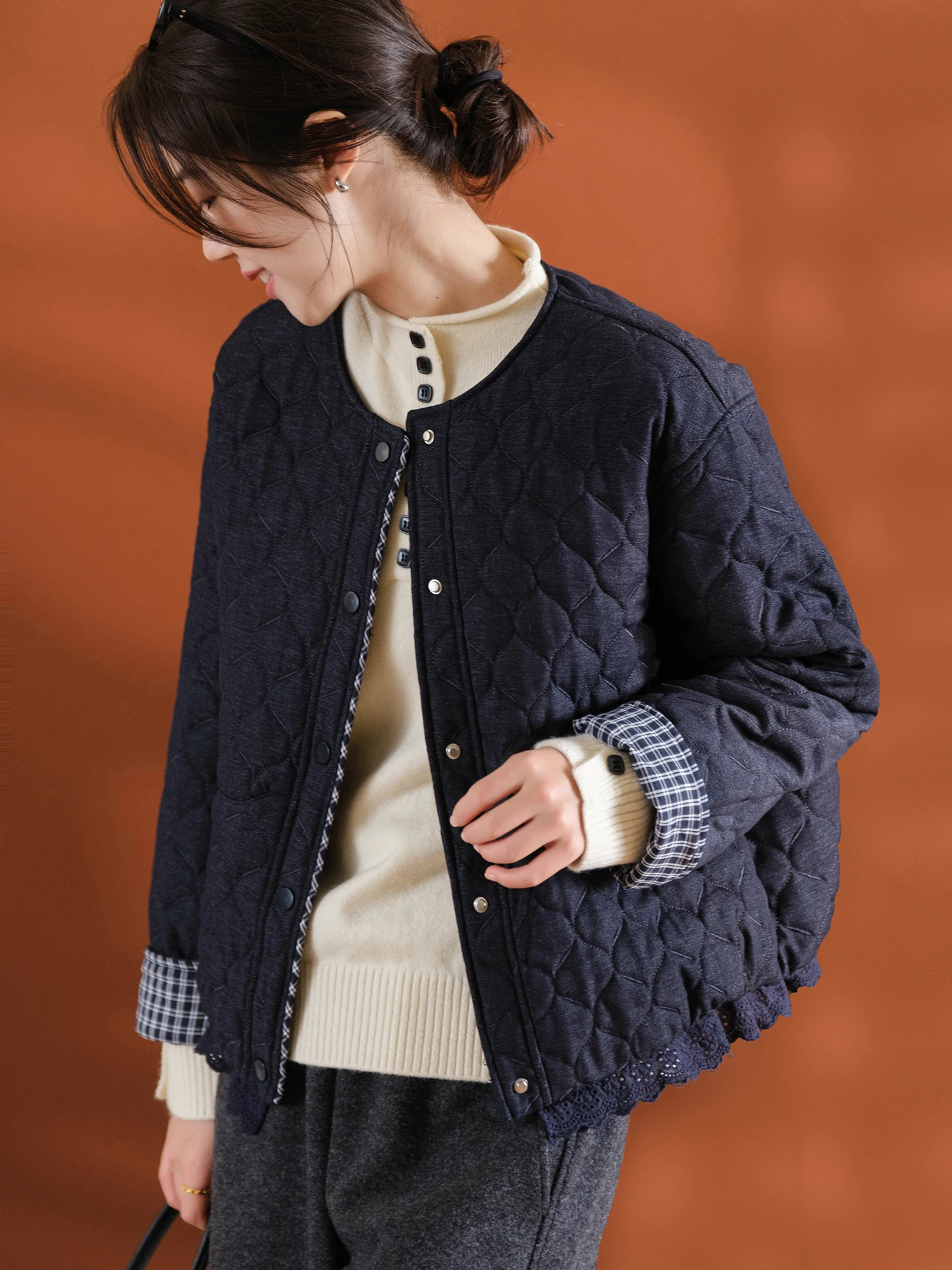 

Women's Cotton Jaet round Neline Svel id Pattern Flip Sve Bone Sense Texture Gourd Quilted Cotton Coat