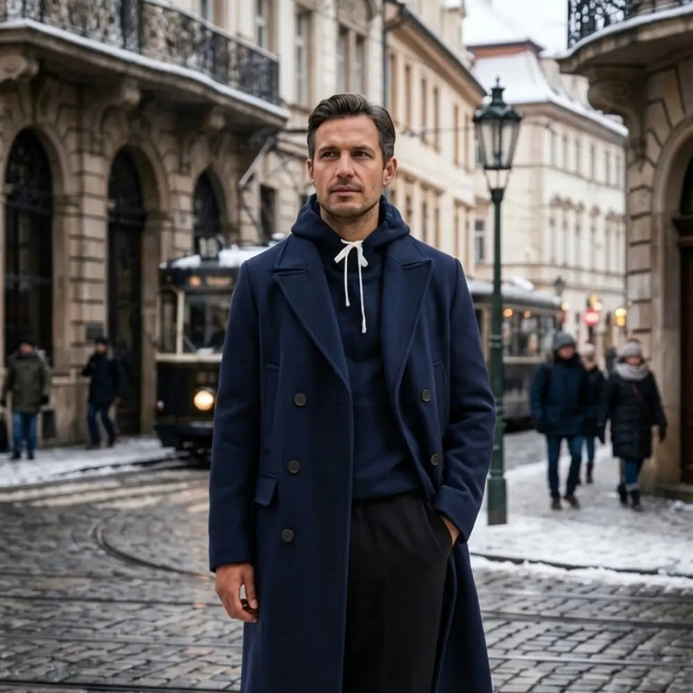 Mens Woolen Overcoat Winter Long Trench Coat Double Breasted Lapel Warm Thick Windbreaker Business Formal Outwear