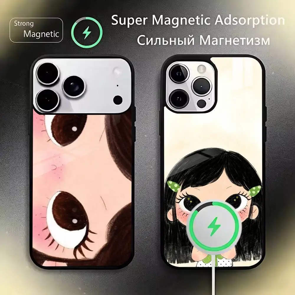 Cartoon Big Eyes Girl Phone Case For iPhone17,16,15,14,13,12,11 Plus,Pro,Max Magnetic with Wireless Charging