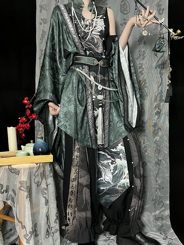 

2025 New Chinese Style National Style Han Elements Printing Song Pants Tops Blackish Green Outer Shirt Hanfu Suit
