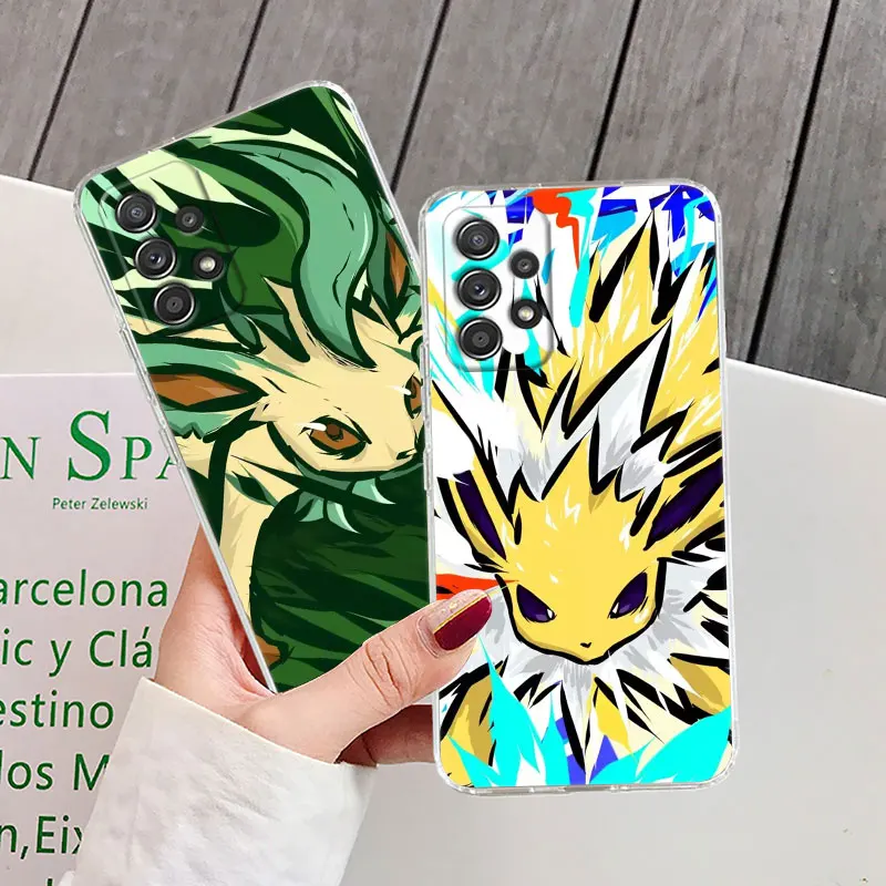 For Samsung Galaxy A55 Case A54 A52 A53 5G A15 A14 A13 A23 A51 A34 A35 A33 A32 A72 A71 Clear Cover Pokemon Anime Jolteon Leafeon