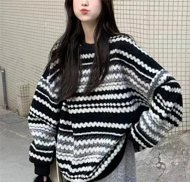 

Striped Knitted Loose Long Neck Sweater Women's Autumn Winter Fashion Top Casual Style Comfortable Loose Fit
