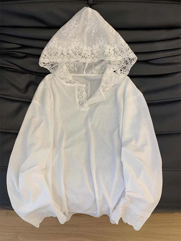 

Spring 2025 High-End Women's Fashion Lace Patchwork Hooded Top Trendy Outfit Korean Style V-neck Long Sleeve Loose Fit Sweats...